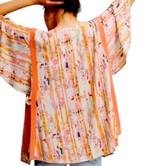 Anthropologie Floreat | Orange & Ivory Striped Boho Kimono Sleeve Top One Size - Picture 5 of 15